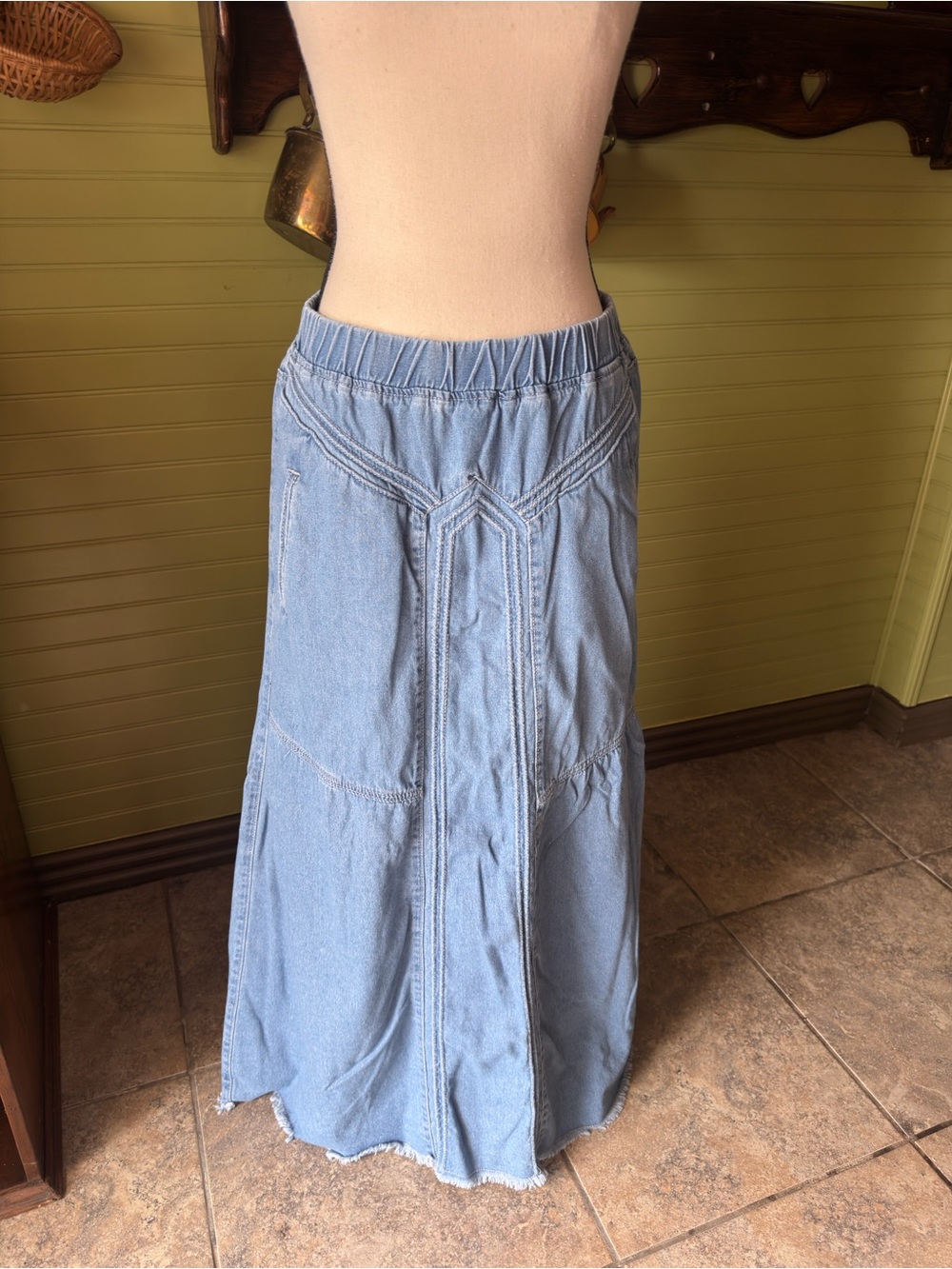 Light Wash Denim Maxi Skirt with Panel Stitching